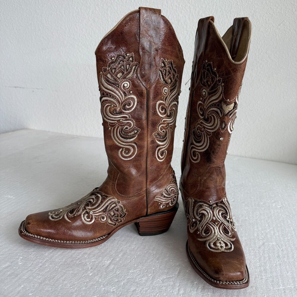 Stiefeld Handcrafted Leather Western Boots Women 8.5 Floral Embroidered Crystal - Picture 12 of 15